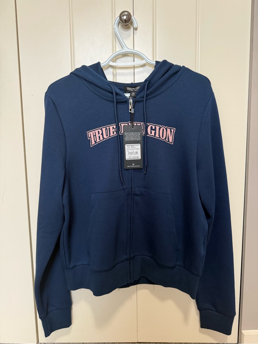 True Religion Navy Zip-Up Hoodie with Pink Logo New With Tags